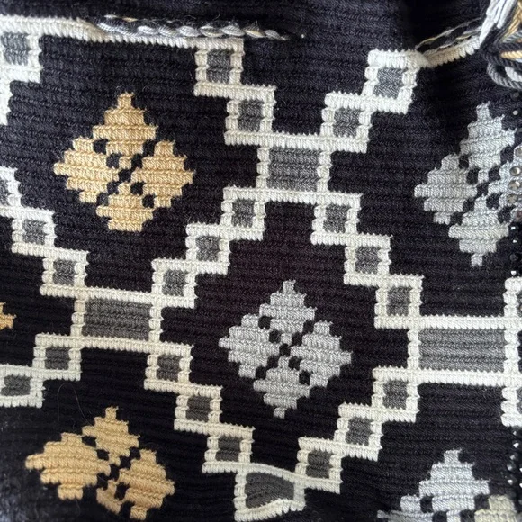 🥰3 for $30🥰Black Gold Crochet Geometric Patterned Boho Shoulder/Bucket/Hobo Bag - Picture 11 of 12